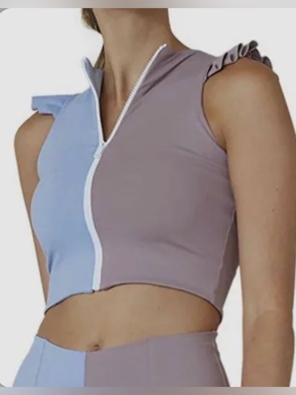 Port de Bras Colorblock Ruffle-Sleeve Crop Top in Mauve & Light Blue